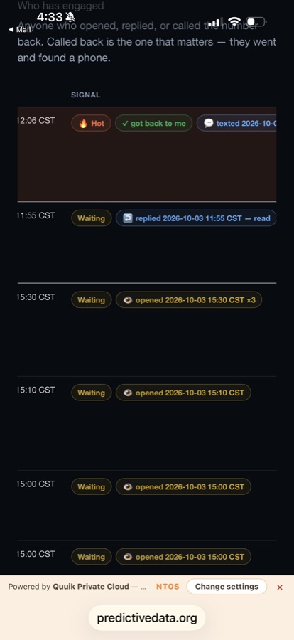 Engagement feed showing repeat opens, a text reply and a callback